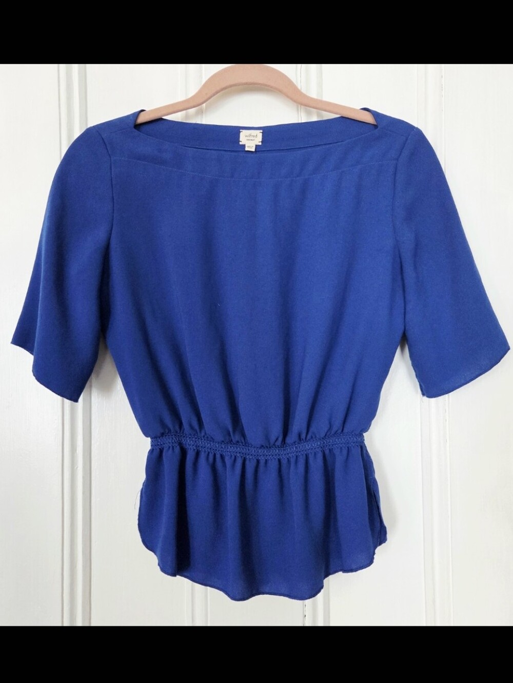 Aritzia Royal Blue Boat Neck Gathered Waist Peplum Blouse